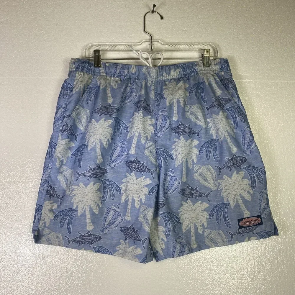 Vineyard Vines Swim Trunks Mens Size M Blue White lined Logo draw string elastic